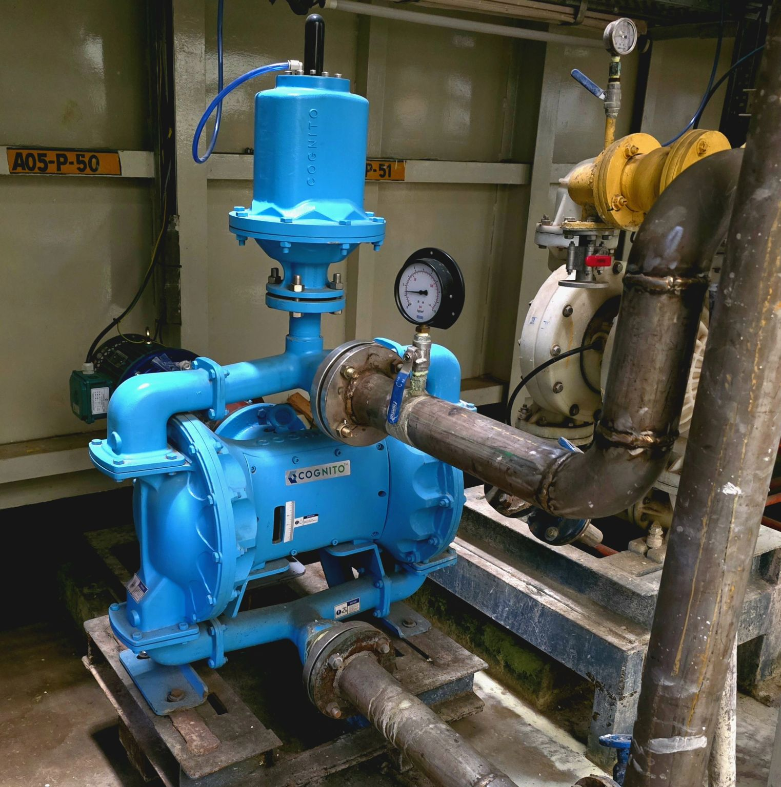 Cognito electric-operated double-diaphragm (EODD) pump installed in an industrial factory setting, demonstrating rugged design and smart, energy-efficient operation